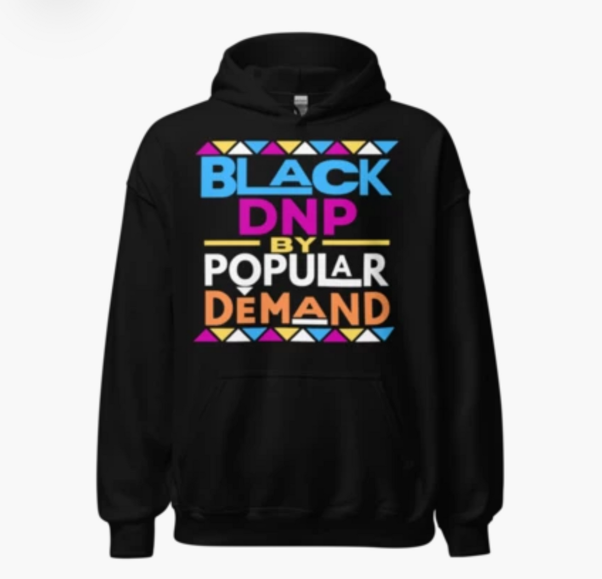 Black DNP by Popular Demand pullover hoodie with colorful front graphic