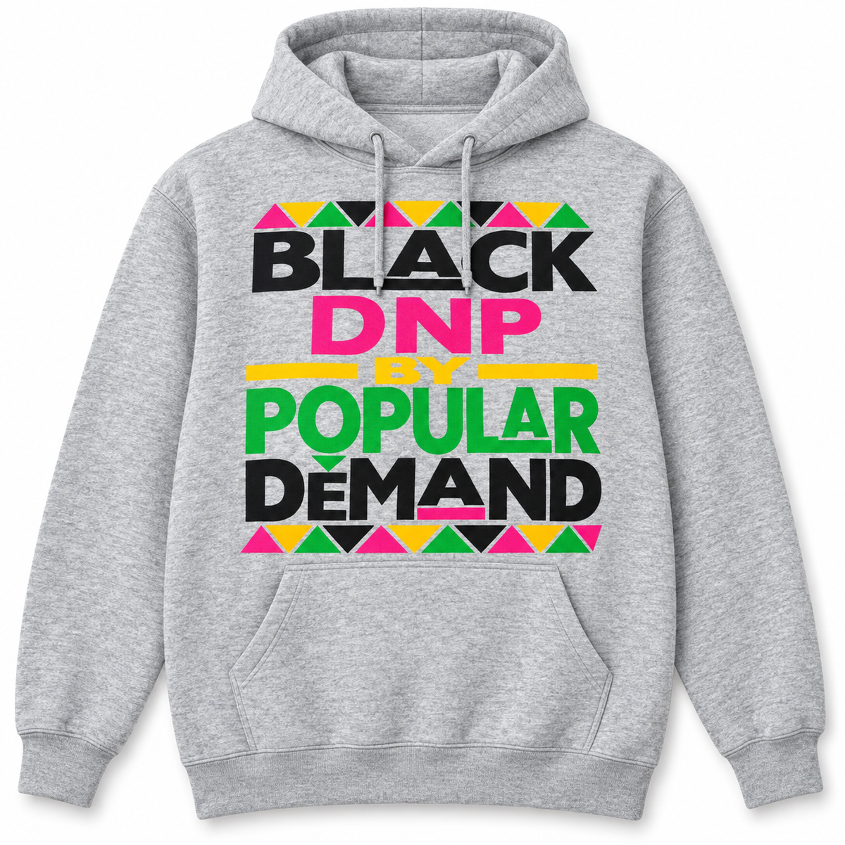 Front view of light gray DNP by Popular Demand pullover hoodie with pink green yellow and black graphic